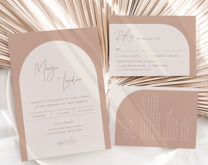 Boho Arch Wedding Invitation Set, Photo Card, Customize Colors, 100% Editable Template, Printable, Instant Download, Templett, 2022 #0029A