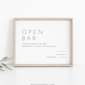 Minimalistische Open Bar Hochzeit Schild Vorlage, druckbare Bar Schild, bearbeitbar, Cocktails, Alkohol, Getränke, Instant Download, Templett #094-04S