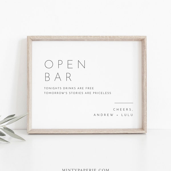 Minimalist Open Bar Wedding Sign Template, Printable Bar Sign, Editable, Cocktails, Alcohol, Drinks, Instant Download, Templett #094-04S