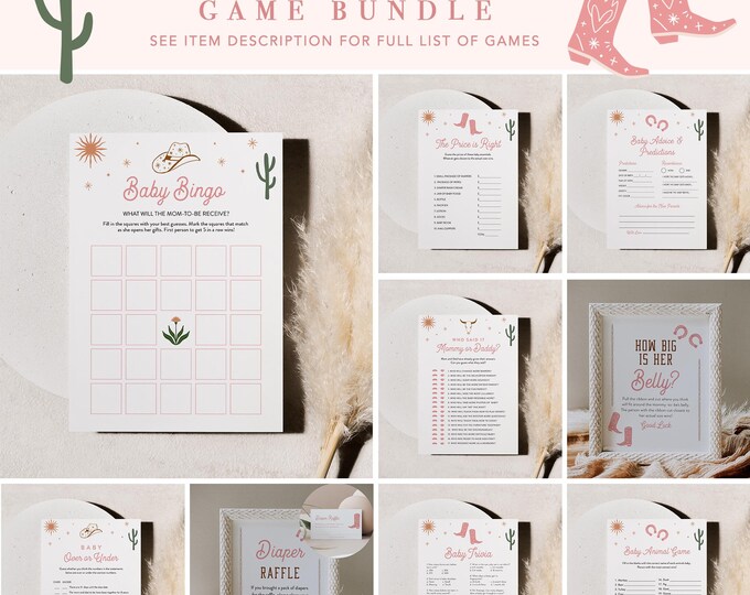 Western Baby Shower Game Bundle, 28 Games, Rodeo, Cowgirl Baby Shower, Editable Template, Instant Download, Templett #0040-BBGB