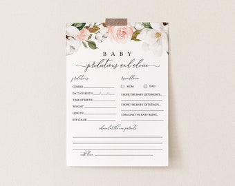 May include: A printable baby shower game card with a floral design. The card asks guests to make predictions about the baby, such as gender, date of birth, weight, length, and eye color. It also asks guests to write down their hopes for the baby and what they imagine the baby will be like.