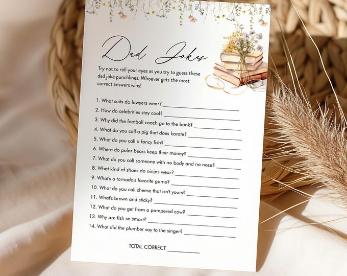 Funny Dad Jokes Game, New Chapter Story Book Baby Shower, Riddle, Trivia, Editable Template, Instant Download, Templett #0066-03BAG