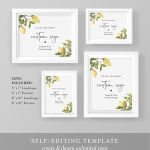 Lemon Custom Sign Template, Citrus Greenery Wedding or Bridal Shower Table Sign, Create Any Sign, INSTANT DOWNLOAD, Templett 089-152CS image 2