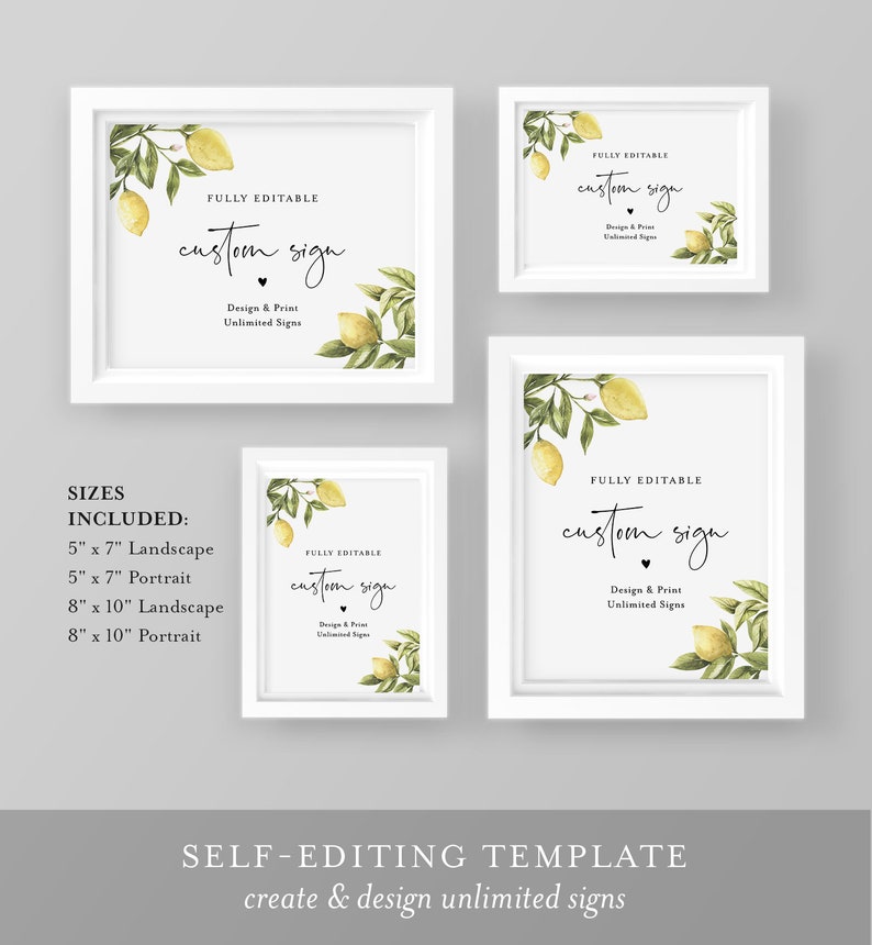 Lemon Custom Sign Template, Citrus Greenery Wedding or Bridal Shower Table Sign, Create Any Sign, INSTANT DOWNLOAD, Templett 089-152CS image 2