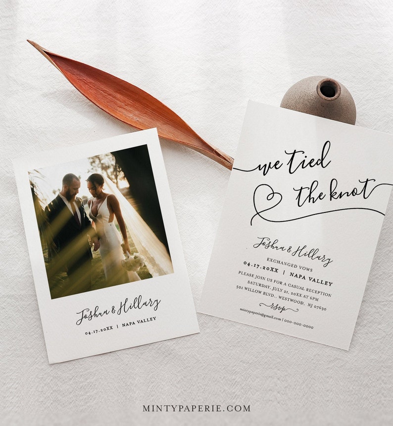 Photo Elopement Announcement, We Tied the Knot, Heart Wedding Reception Party Invitation, Instant Download, Fully Editable, DIY 030-103EL image 1