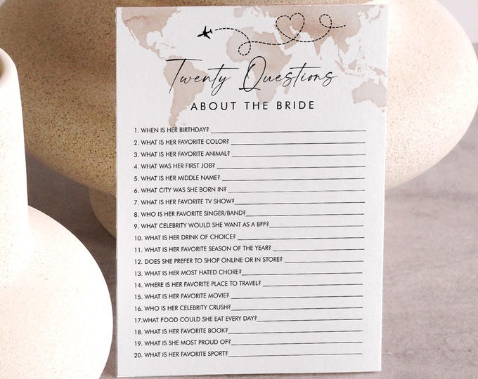 20 Questions About the Bride, Travel Theme Bridal Shower Game, How Well Do You Know the Bride, Editable Template, Templett #0039-33BRG