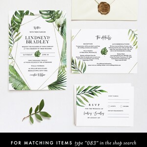 May include: A tropical-themed wedding invitation suite with gold accents. The invitation features a watercolor illustration of green leaves and the text "Lindsey & Bradley". The details card includes information about the reception, accommodations, and RSVP details.
