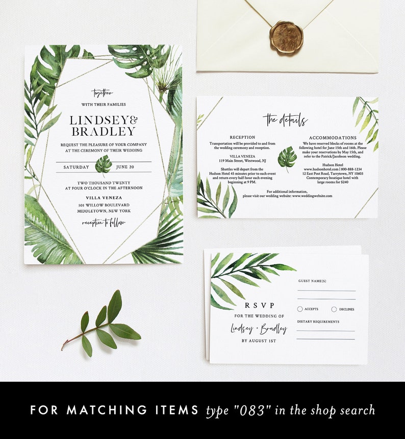 May include: A tropical-themed wedding invitation suite with gold accents. The invitation features a watercolor illustration of green leaves and the text "Lindsey & Bradley". The details card includes information about the reception, accommodations, and RSVP details.