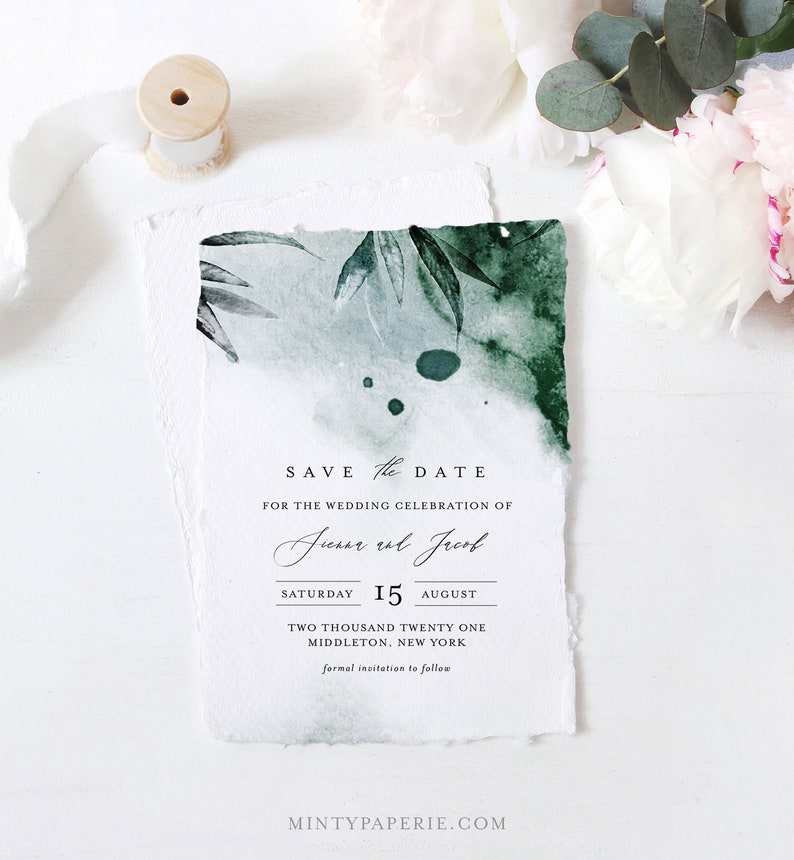 Mystic Waters Save the Date Template,Editable Modern Watercolor Wedding Date Templett Digital Instant Download #0002-174SD Emerald