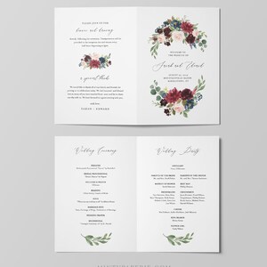 May include: Wedding ceremony program with a floral wreath design in shades of burgundy, pink, and blue. The program includes the order of events, officiant, parents of the bride and groom, and wedding party members. The text reads "Please join us for dance and reception." and "Welcome to the wedding of Sarah and Edward".