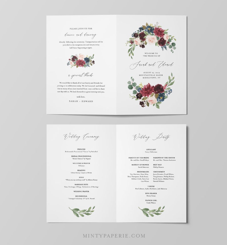 May include: Wedding ceremony program with a floral wreath design in shades of burgundy, pink, and blue. The program includes the order of events, officiant, parents of the bride and groom, and wedding party members. The text reads "Please join us for dance and reception." and "Welcome to the wedding of Sarah and Edward".