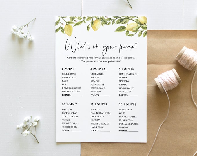 What's In Your Purse Bridal Shower Game Template, Editable Summer Bridal Shower Printable, Citrus Lemon, Instant Download Templett 089-210BG