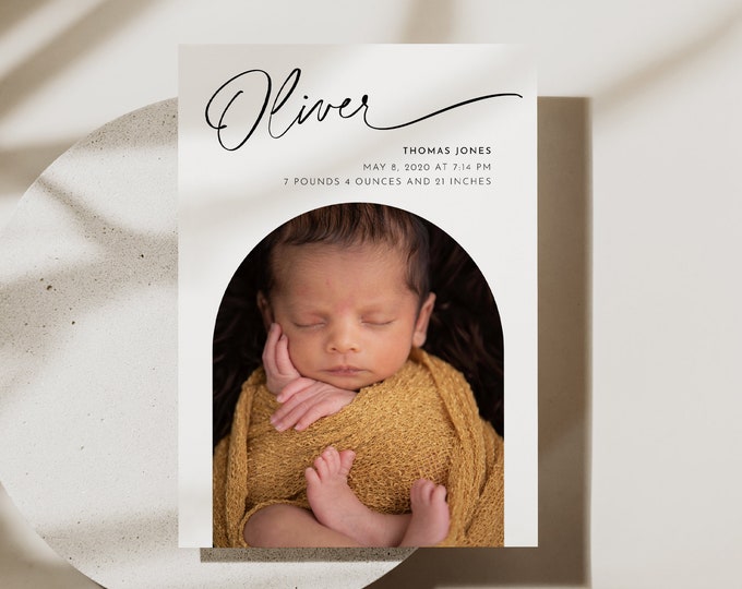 Photo Birth Announcement, Baby Announcement Card, Newborn, Modern, Editable Template, Printable, Instant Download, Templett #0032-112BAC