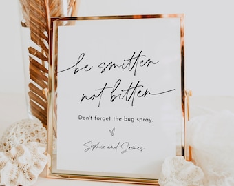 Bug Spray Sign, Minimalist Outdoor Wedding Ceremony, Be Smitten Not Bitten, 100% Editable Template, Instant Download, Templett #0032-71S