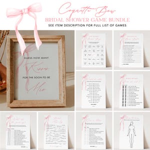 May include: A bridal shower game bundle with a wooden framed sign that reads "Guess How Many Kisses For The Soon-To-Be Mrs." in pink script. The bundle includes several game cards with pink ribbon accents.