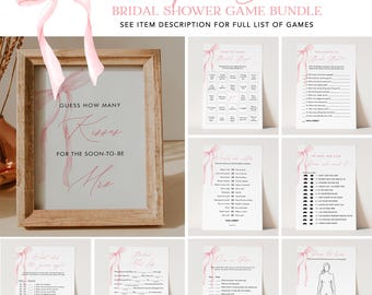 Coquette Bow Bridal Shower Game Bundle, 36 Games, Pink Delicate Bow Wedding Shower Game, Editable Templates, Templett #0057-BGB