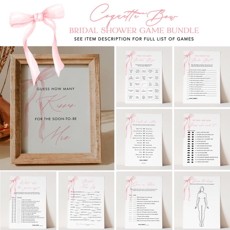 May include: A bridal shower game bundle with a wooden framed sign that reads "Guess How Many Kisses For The Soon-To-Be Mrs." in pink script. The bundle includes several game cards with pink ribbon accents.