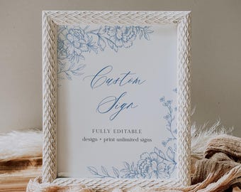 French Toile Custom Sign Template, Chinoiserie, Blue Floral, Wedding, Bridal Shower, Baby Shower, Unlimited Signs, Templett #0062-231CS