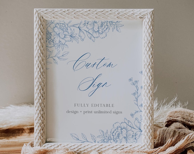 French Toile Custom Sign Template, Chinoiserie, Blue Floral, Wedding, Bridal Shower, Baby Shower, Unlimited Signs, Templett #0062-231CS
