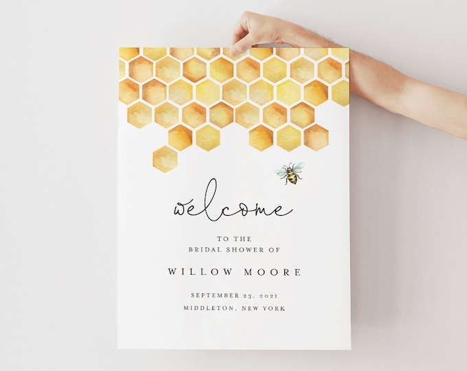 Honey Bee Welcome Sign, Printable Bridal Shower / Baby Shower Poster, Instant Download, Editable Template, Templett #097-219LS