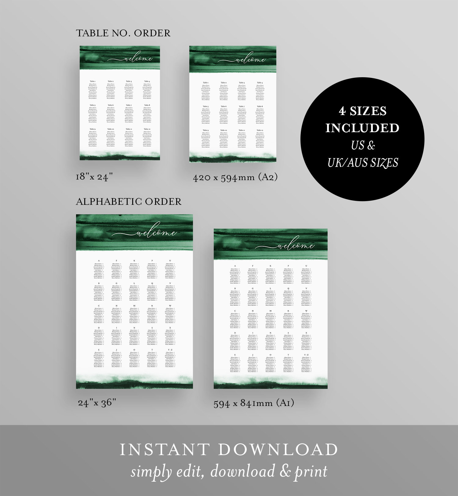 Emerald Watercolor Seating Chart Poster, Wedding Seating Sign, Instant