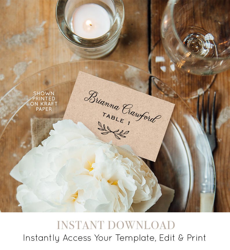 Place Card Printable, Rustic Wedding Escort Card Template, Name Card, Table Number, Instant Download, 100% Editable Template 027-109PC image 1