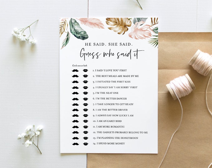 He Said She Said Bridal Shower Game, Guess Who Said It, Tropical Bridal Game, Editable Template, Instant Download, Templett #087-302BG