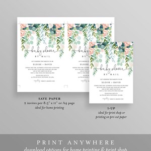 May include: Baby shower invitation with floral accents. The invitation features the text "baby shower by mail" with the names Eloise and David. The design includes watercolor flowers and greenery, with options for home or print shop printing.