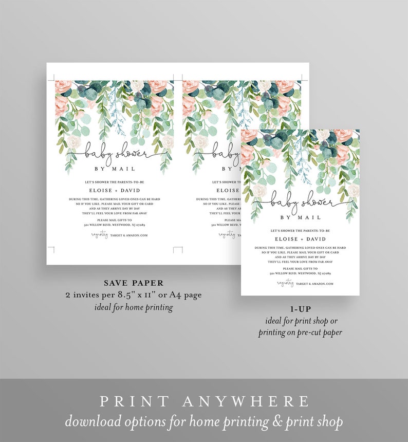 May include: Baby shower invitation with floral accents. The invitation features the text "baby shower by mail" with the names Eloise and David. The design includes watercolor flowers and greenery, with options for home or print shop printing.