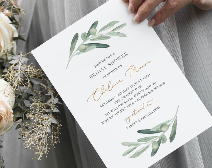 Olive Greenery Bridal Shower Invitation Printable, Watercolor Olive Branch Invite, Editable Template, Instant Download, Templett #081-233BS