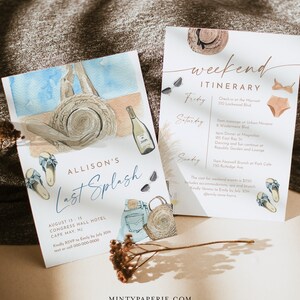 Pode incluir: Convite para a escapada de fim de semana de Allison, Last Splash, no Congress Hall Hotel em Cape May, Nova Jersey. O convite apresenta uma ilustra&ccedil;&atilde;o em aquarela de itens com tema de praia, incluindo um chap&eacute;u de palha, sand&aacute;lias, uma garrafa de vinho e uma jaqueta jeans. O texto do convite inclui as datas de 13 a 15 de agosto e um pedido de RSVP para Emily at&eacute; 30 de julho.