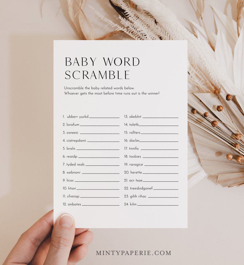 Baby Word Scramble Game, Printable Minimalist Baby Word Puzzle, Baby Shower Game, Editable Template, Instant Download 0026-236BASG image 3