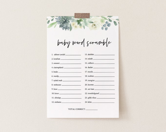 Baby Word Scramble Game, Printable Baby Word Puzzle, DIY Succulent Greenery Baby Shower Game, Editable Template, INSTANT DOWNLOAD #075-152BG