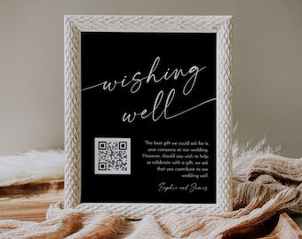Wishing Well Sign, Honeymoon Fund Card, Classic Black, QR Code Wedding Fund Insert, Venmo Wedding Cash Gift, Editable, Templett #0034B-50S