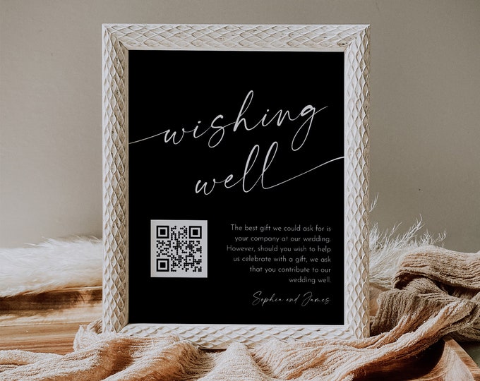 Wishing Well Sign, Honeymoon Fund Card, Classic Black, QR Code Wedding Fund Insert, Venmo Wedding Cash Gift, Editable, Templett #0034B-50S