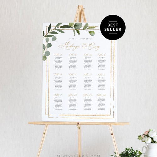 Modèle de plan de table imprimable, panneau de sièges de mariage, téléchargement immédiat, texte 100 % modifiable, verdure, tailles affiche États-Unis et Royaume-Uni, bricolage #056-226SC