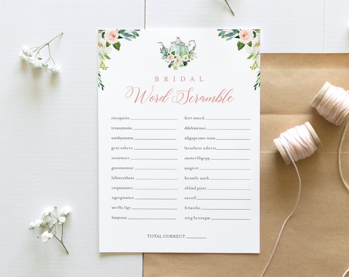 Word Scramble Bridal Shower Game Template, Tea Party Bridal Shower Puzzle Printable, Teapot, Instant Download, Templett #085-242BG