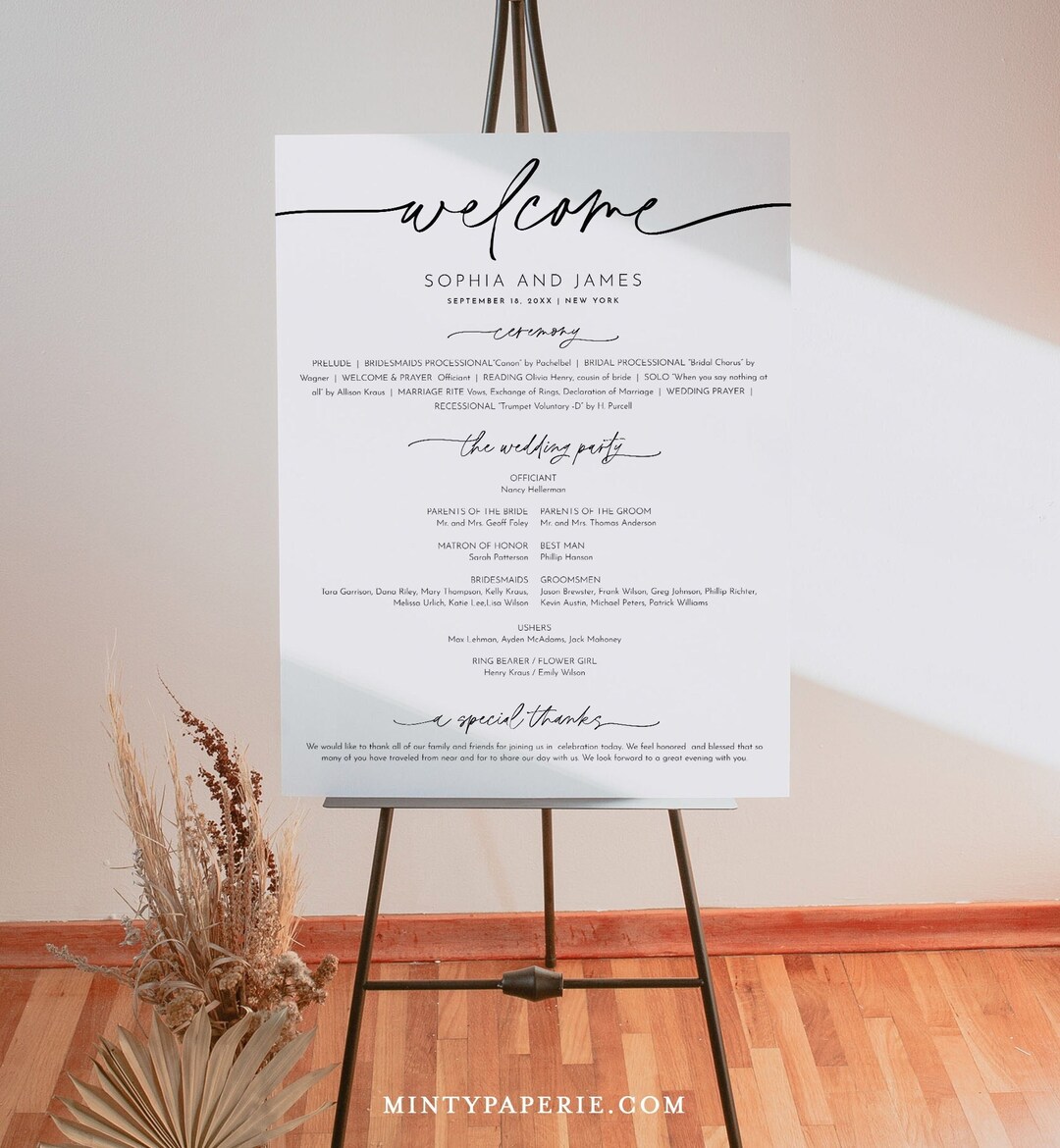Minimalist Wedding Program Sign, Printable Modern Order of Service ...