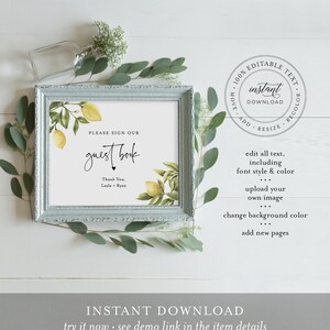 Lemon Custom Sign Template, Citrus Greenery Wedding or Bridal Shower Table Sign, Create Any Sign, INSTANT DOWNLOAD, Templett 089-152CS image 3