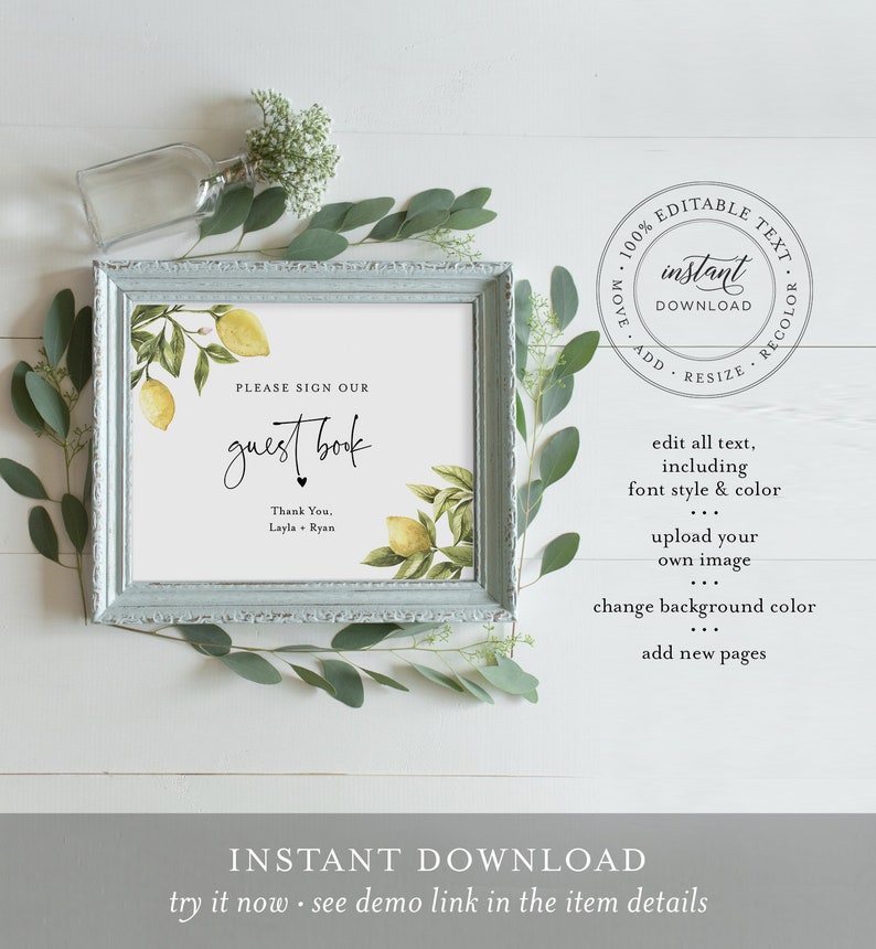 Lemon Custom Sign Template, Citrus Greenery Wedding or Bridal Shower Table Sign, Create Any Sign, INSTANT DOWNLOAD, Templett 089-152CS image 3