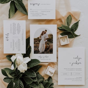 Conjunto de invitación de boda mínima, elegante, moderna, tarjeta con foto de arco, plantilla 100% editable, incluye invitación, confirmación de asistencia, detalle, Templett #0031A