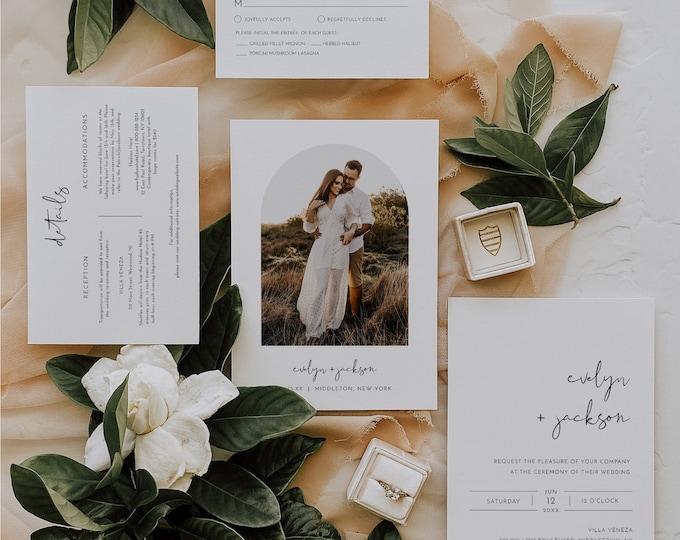 Minimal Wedding Invitation Set, Elegant, Modern, Arch Photo Card, 100% Editable Template, Includes Invite, RSVP, Detail, Templett #0031A