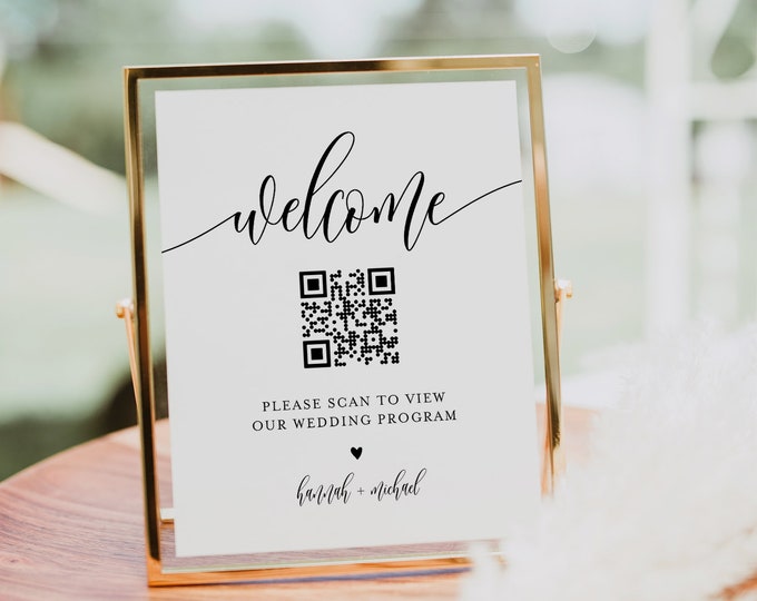 QR Code Wedding Program, Scan QR Code for Order of Service, Minimalist Sign, Editable Template, Instant Download, Templett #008-70S