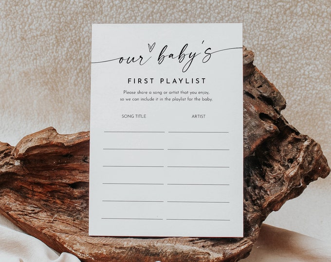 Baby's First Playlist, Minimalist Baby Shower, Share Your Favorite Song, Gender Neutral, Editable Template, Instant, Templett #0034W-40BAG