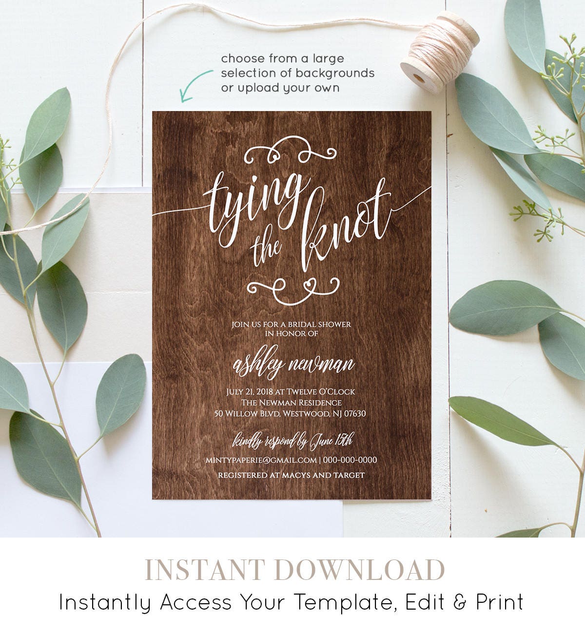 Rustic Bridal Shower Invitation Printable, Tying the Knot Wedding Rustic Bridal Shower Invitation Printable, Tying the Knot Wedding