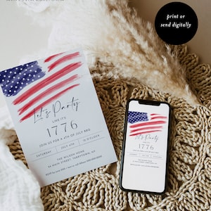 Może przedstawiać: Cyfrowe zaproszenie na grilla z okazji 4 lipca. Zaproszenie zawiera akwarelowy wz&oacute;r amerykańskiej flagi z tekstem "Let's Party Like It's 1776". Zaproszenie zawiera datę, godzinę i miejsce imprezy.