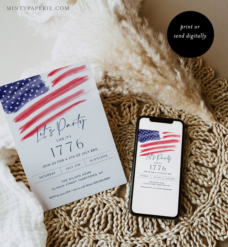 Może przedstawiać: Cyfrowe zaproszenie na grilla z okazji 4 lipca. Zaproszenie zawiera akwarelowy wz&oacute;r amerykańskiej flagi z tekstem "Let's Party Like It's 1776". Zaproszenie zawiera datę, godzinę i miejsce imprezy.