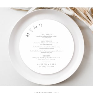 Minimalistische ronde menusjabloon, afdrukbare moderne & eenvoudige bruiloft diner menu vierkante kaart, 100% bewerkbaar, Instant, Templett #094-220WM