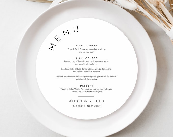 Minimalist Round Menu Template, Printable Modern & Simple Wedding Dinner Menu Square Card, 100% Editable, Instant, Templett #094-220WM