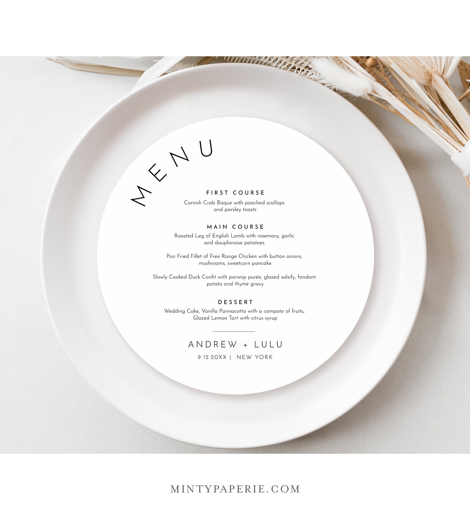 Minimalist Round Menu Template Printable Modern Simple Wedding Minimalist Round Menu Template Printable Modern Simple Wedding